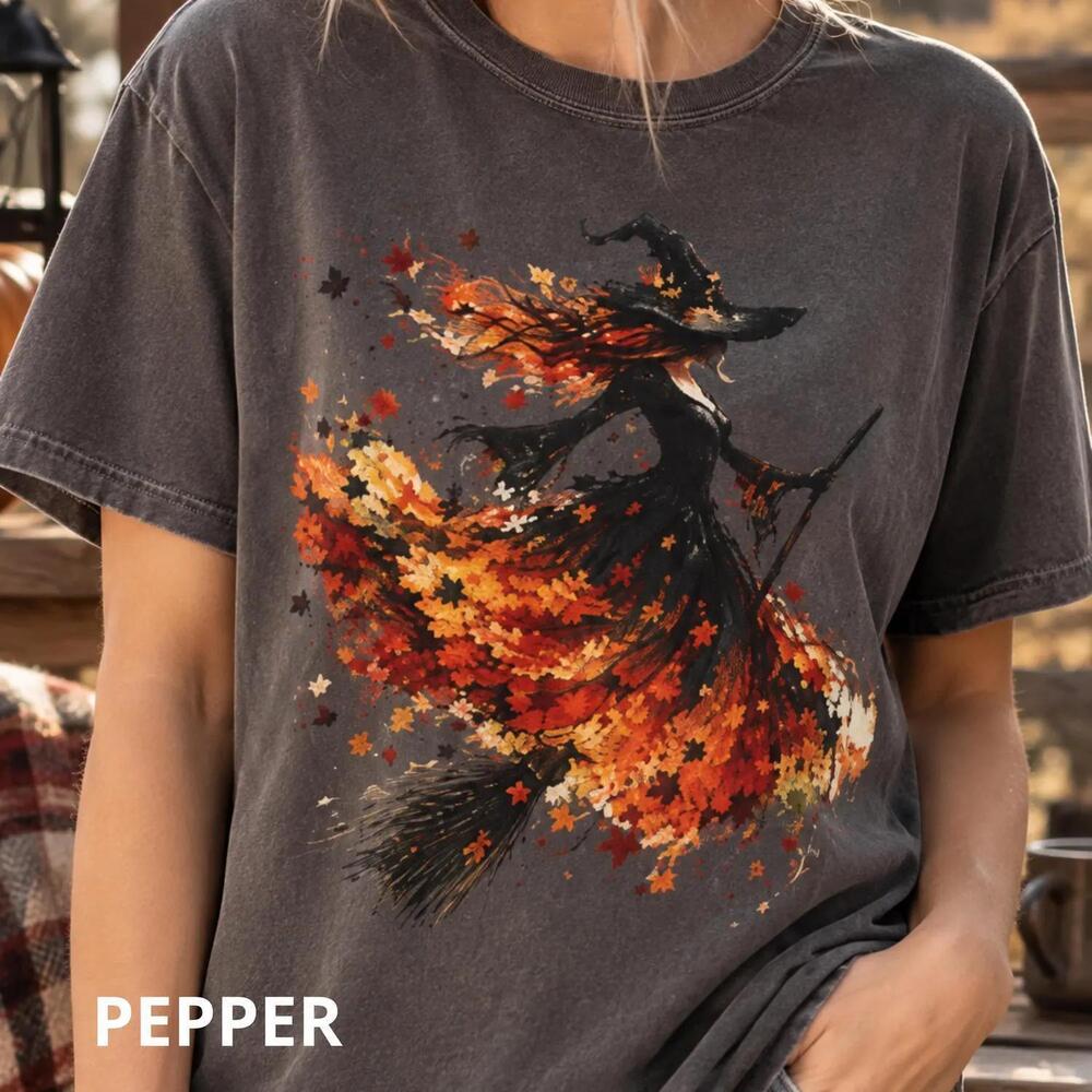 Autumn Witch Broomstick Tee, Fall Leaves Art, Garment-Dyed Cotton Shirt